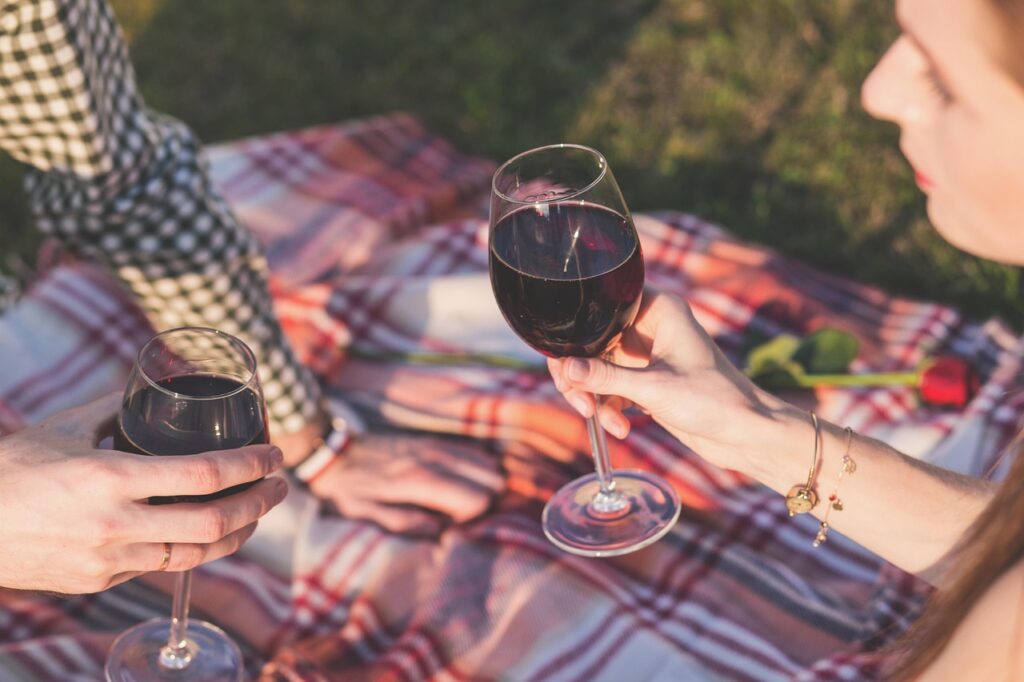 Un brindis relajado en un picnic, copas de vino en mano.