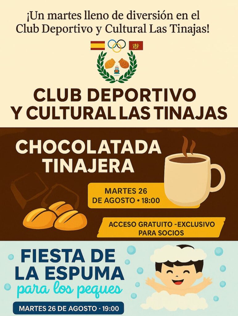 Eventos de fin de temporada del Club Deportivo y Cultural Las Tinajas: chocolatada y fiesta de la espuma, martes 26 de agosto.